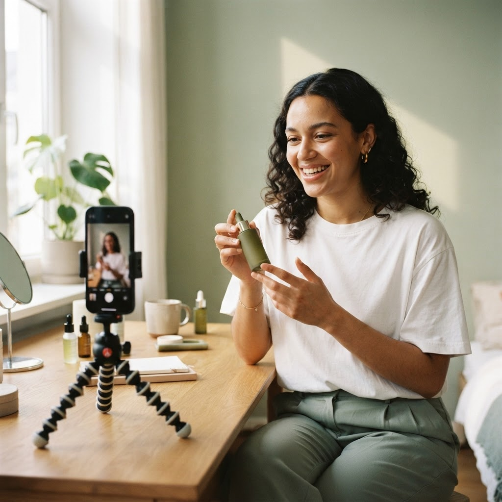 A creator filming a skincare product video on her phone at a sunlit desk